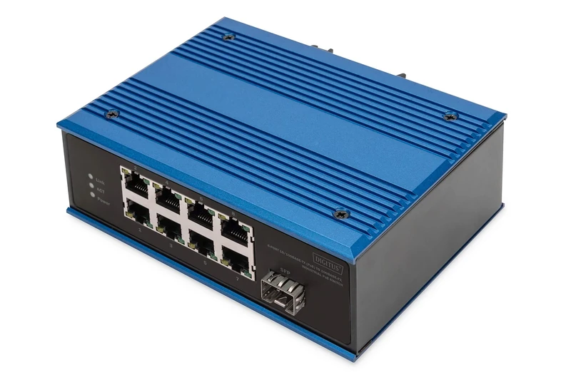 DIGITUS PoE Network switch - Fast Ethernet - 8x RJ45 + 1x SFP port - Unmanaged - 10/100 Mbit/s - DIN rail & wall mounting - IP40 - Industrial series - Blue