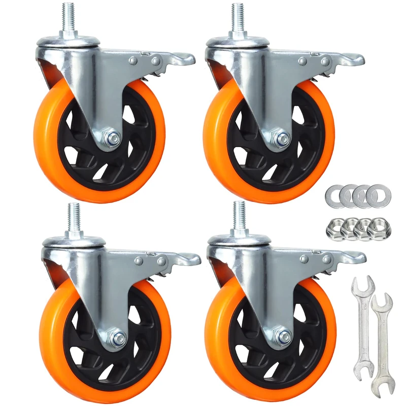 Heavy Duty Swivel Wheels, 3 Inch Yellow PVC Casters with Metric Stem M12-1.75x25mm Double Brakes Castors Safety Wheels up to 1200 Lbs/Set for Industry and Furniture Set of 4 (5 Inch)