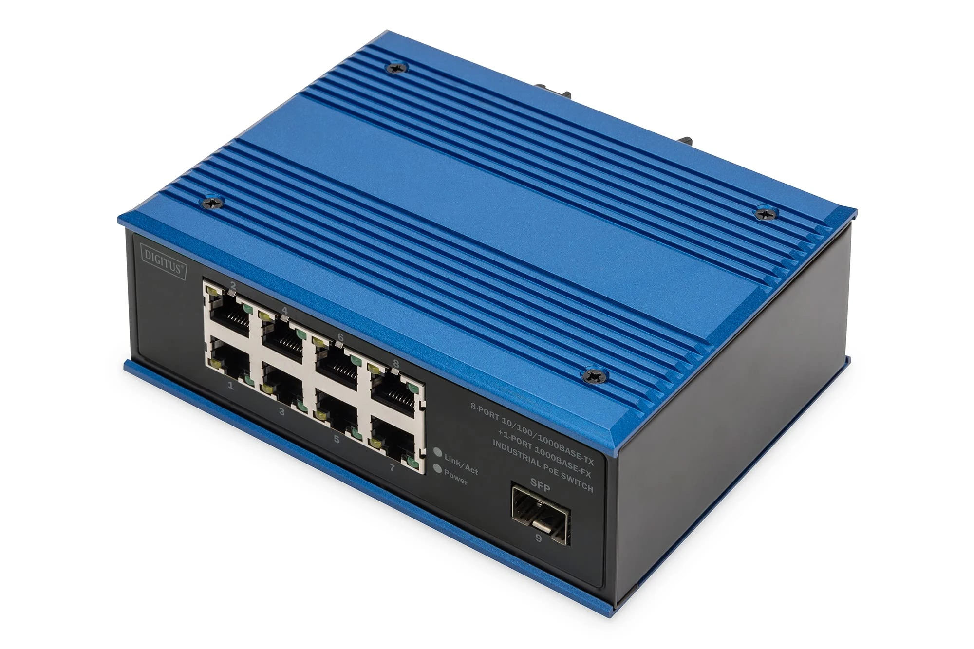DIGITUS PoE Network switch - 9-port Gigabit Ethernet - 8x RJ45 + 1x SFP port - unmanaged - 10/100/1000 Mbit/s - DIN rail & wall mounting - IP40 - Industrial series - blue