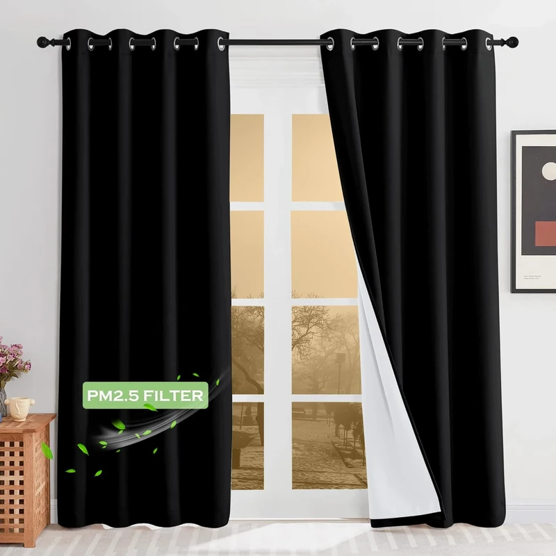 KGORGE 4-in-1 Soundproof Anti Dust 100% Blackout Curtains with Melt-Blown Layer Thermal Insulating Window Treatment Drapes for Living Room Bedroom Kis Nursery, W 52 x L 84, Black, 2 Panels