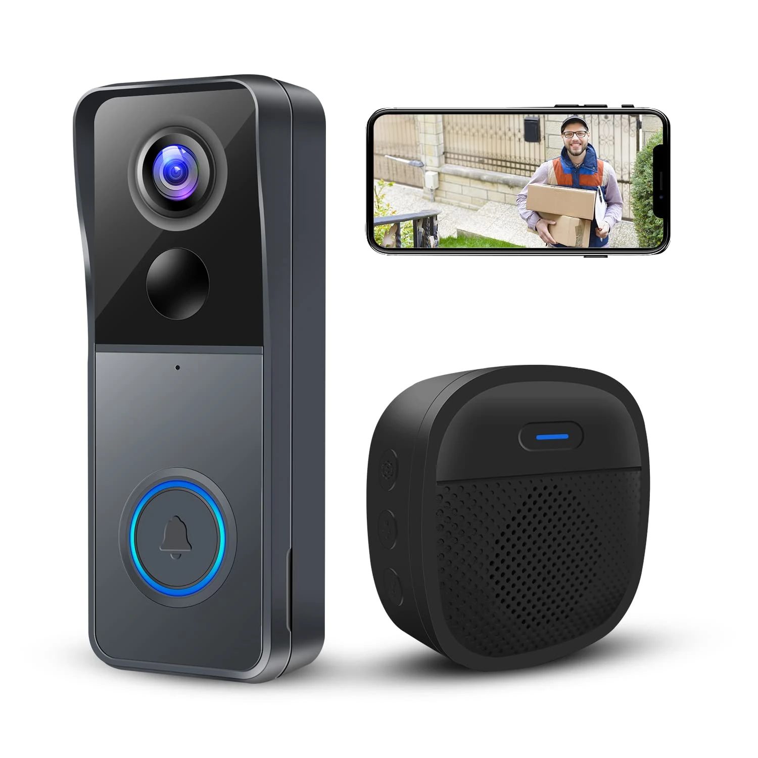 Wireless Video Doorbell Camera with Chime, Smart Video Door Bells with Camera Battery Powered, Voice Changer, PIR Motion Detection, 2K HD, 2-Way Audio, 2.4G WiFI, Night Vision, Support memory Card