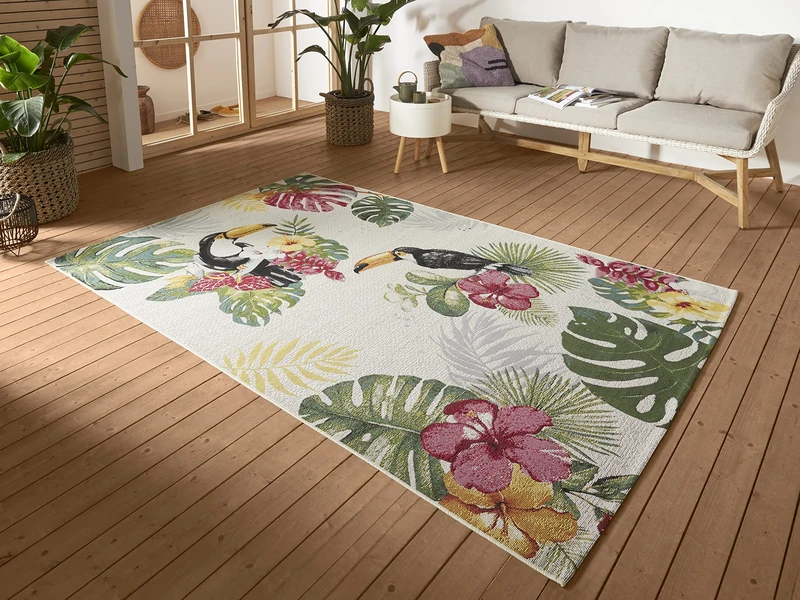 HANSE Home Tropical Dream Indoor & Outdoor Rug - Flat Weave Tropical Jungle Floral Palm Tree Design, Oeko-Tex Weatherproof & UV Resistant for Balcony, Patio, Garden, Cream Multicoloured, 160 x 235 cm