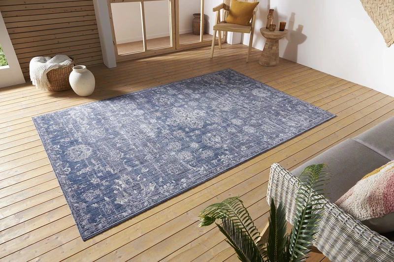 Nouristan Alexandria Indoor & Outdoor Rug Oriental - Flat Weave in Oriental Pattern Vintage Washable, Weatherproof & UV Resistant for Balcony, Patio, Garden, Living Room - Blue, 115 x 170 cm
