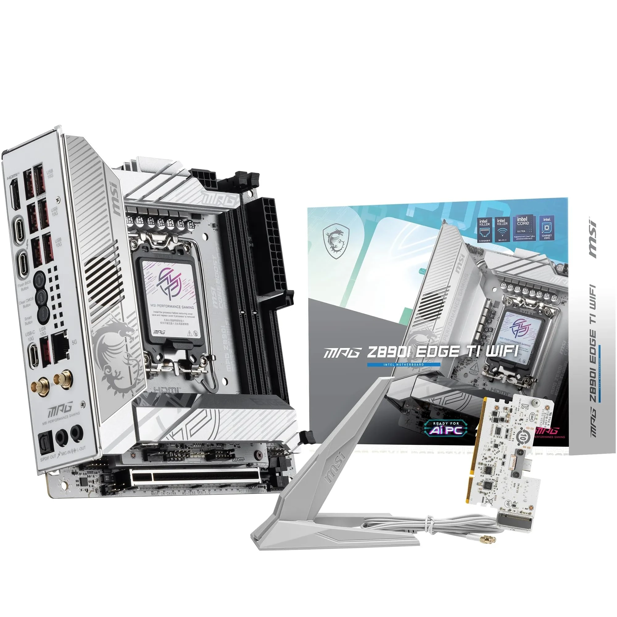 MSI MPG Z890I EDGE TI WIFI Motherboard, Mini-ITX - Supports Intel Core Ultra Processors (Series 2), LGA 1851 - 110A SPS VRM, DDR5 Memory Boost (8600+ MT/s OC), PCIe 5.0 x16, M.2 Gen5, Wi-Fi 7, 5G LAN