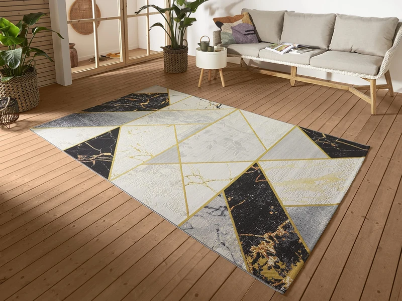HANSE Home Noble Indoor & Outdoor Rug - Flat Weave Skandi Marble Look Geometric Pattern, Oeko-Tex Weatherproof & UV Resistant for Living Room, Balcony, Patio, Garden - Black Grey Gold, 160 x 235 cm