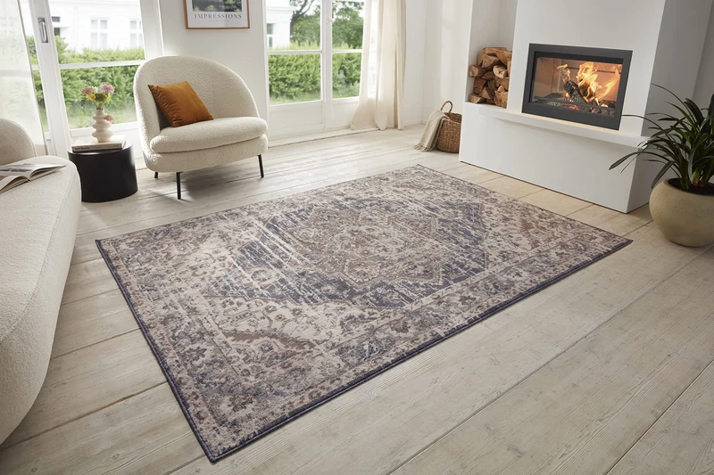 Hanse Home Sand Vintage Rug - Oriental Short Pile Living Room Rug Soft Oriental Rug Runner for Bedroom, Dining Room, Living Room, Hallway, Kitchen - Cream Blue, 160 x 235 cm