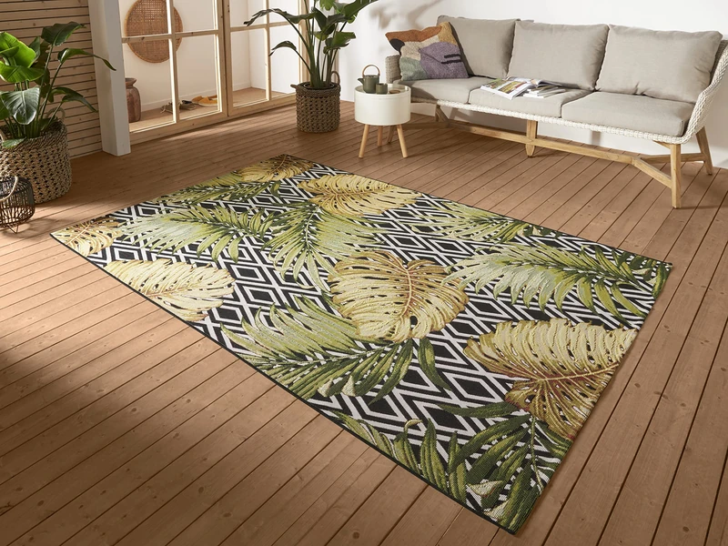 HANSE Home Diamonds Indoor & Outdoor Rug - Flat Weave Geometric Pattern, Jungle Floral Palm Tree Design, Oeko-Tex Weatherproof & UV Resistant for Balcony, Patio, Garden, Multicoloured, 160 x 235 cm