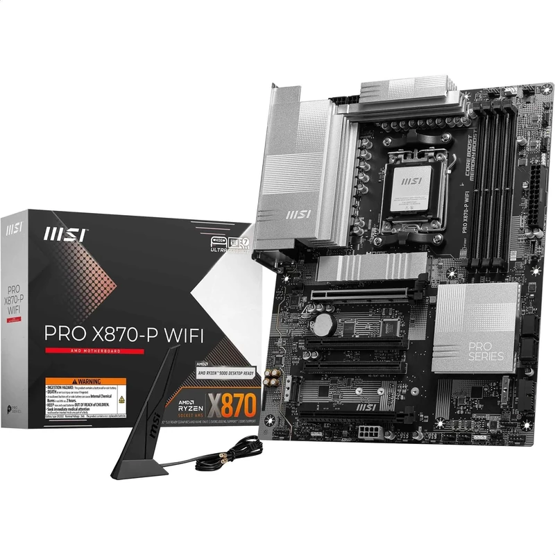 MSI PRO X870-P WIFI Motherboard, ATX - Supports AMD Ryzen 9000/8000 / 7000 Processors, AM5-60A SPS VRM, DDR5 Memory Boost 8200+MT/s (OC), PCIe 5.0 x16 & 4.0 x16, M.2 Gen5, Wi-Fi 7, 5G LAN