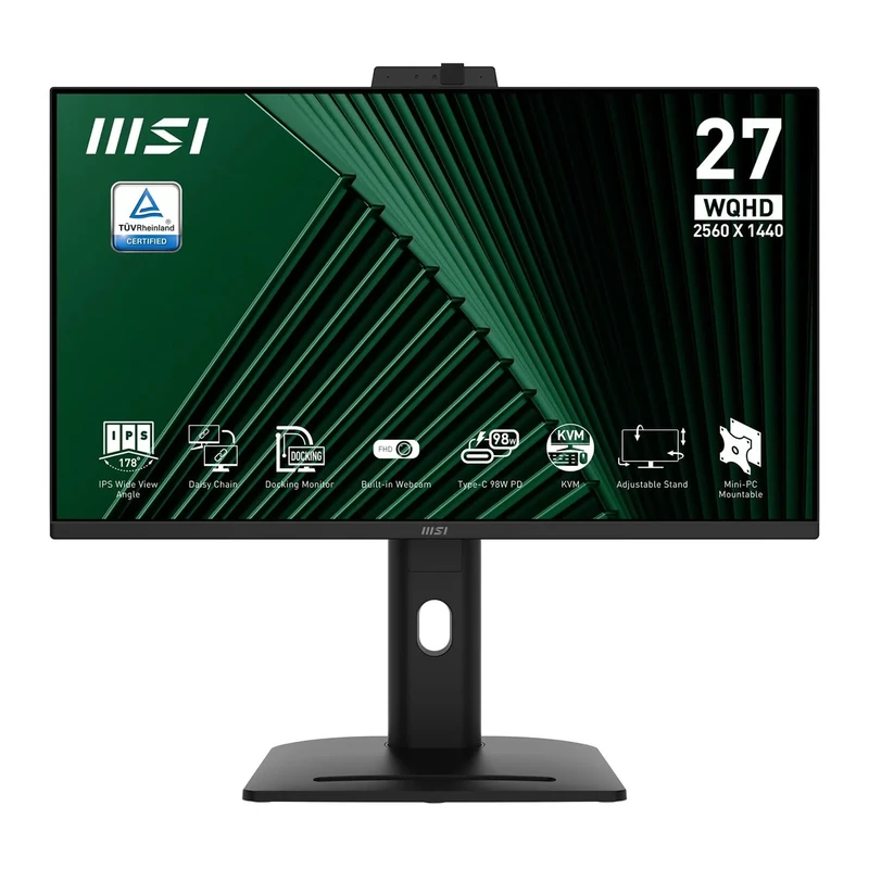 MSI PRO MP275QPDG 27 Inch WQHD Docking Monitor - 2560 x 1440 IPS Panel, 100Hz, Daisy Chain, Built- in camera, Eye-Friendly Screen, 4-Way Adjustable - HDMI, DisplayPort, Type-C 98W PD, LAN Port