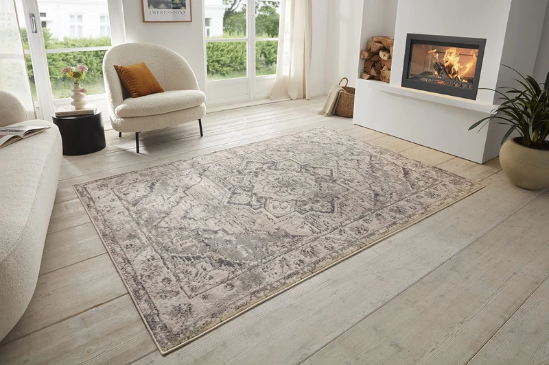 Hanse Home Sand Vintage Rug - Oriental Short Pile Living Room Rug Soft Oriental Rug Runner for Bedroom, Dining Room, Living Room, Hallway, Kitchen - Cream Grey, 160 x 235 cm
