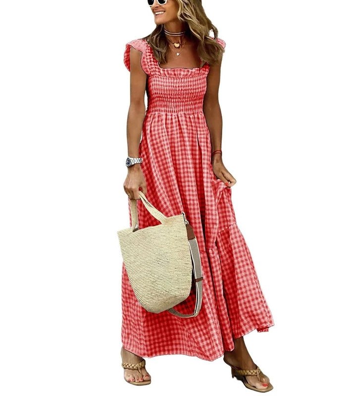 ebossy Women's 2025 Fashion Plaid Dress Sleeveless Smocked Ruffle Pleated Boho Party Beach Gingham Maxi Dresses, Red, L