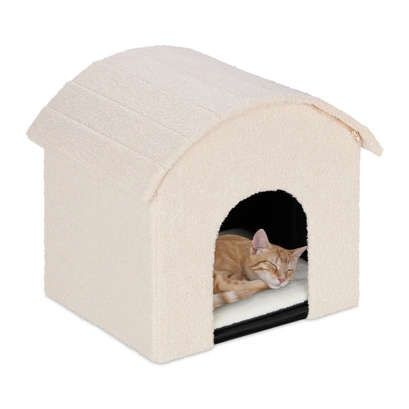 Relaxdays Cat Cave, Foldable, Fluffy, Sleeping Place with Scratching Surface, HxWxD: 44 x 48 x 41 cm, Beige/Tan, Polyester - Image 1