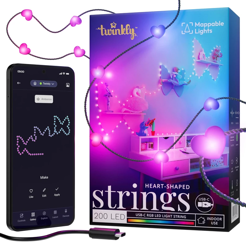 Twinkly Strings USB-C Heart 200 LED, Heart-Shaped LED Light String, Christmas Lights, RGB Multicolor LED Lights, Mappable LEDs, Compatible with Alexa, Google Home, USB-C Power, Green Wire, 12m