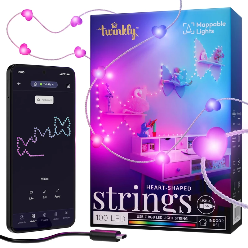 Twinkly Strings USB-C Heart 100 LED, Heart-Shaped LED Light String, Christmas Lights, RGB Multicolor LED Lights, Mappable LEDs, Compatible with Alexa, Google Home, USB-C Power, Transparent Wire, 6m