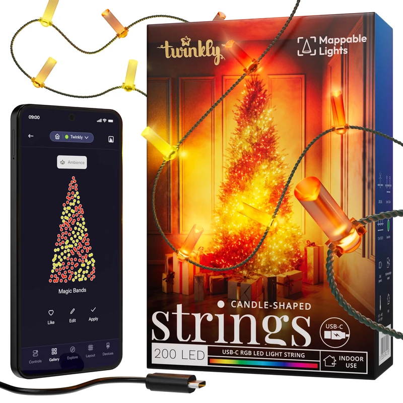 Twinkly Strings USB-C Candle 200 LED, Candle-Shaped LED Light String, Christmas Lights, RGB Multicolor LED Lights, Mappable LEDs, Compatible with Alexa, Google Home, USB-C Power, Green Wire, 12m