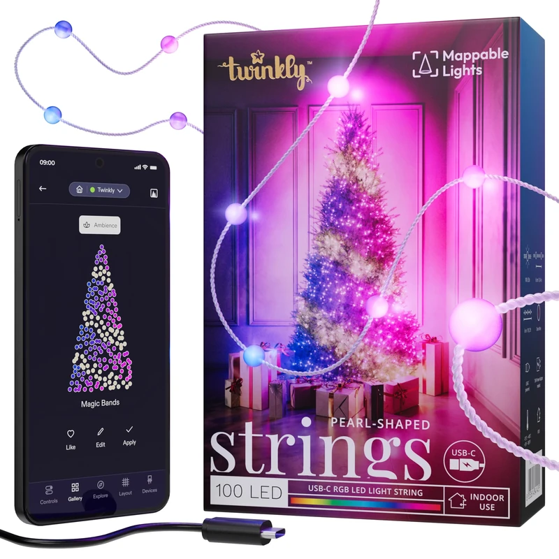 Twinkly Strings USB-C Pearls 100 LED, Pearl Shape LED Light String, Christmas Lights, RGB Multicolor LED Lights, Mappable LEDs, Compatible with Alexa, Google Home, USB-C Power, Transparent Wire, 6m