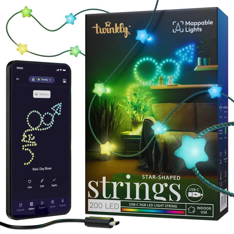 Twinkly Strings USB-C Star 200 LED, Star-shaped LED Light String, Christmas Lights, RGB Multicolor LED Lights, Mappable LEDs, Compatible with Alexa, Google Home, USB-C Power, Green Wire, 12m