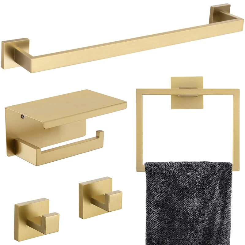 TNOMS 5-Piece Bathroom Hardware Set 23.6 Inch Gold Towel Bar Set Towel Bar Towel Ring Coat Hook and Toilet Paper Holder with Shelf Wall Mounted Stainless Steel Bathroom Accessories Set