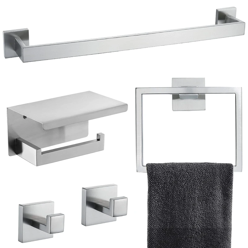 Brushed Nickel Bathroom Towel Bar Set Bathroom Accessories Hardware Set Including Towel Bar Towel Ring Coat Hook and Toilet Paper Holder with Shelf. Wall Mounted Stainless Steel
