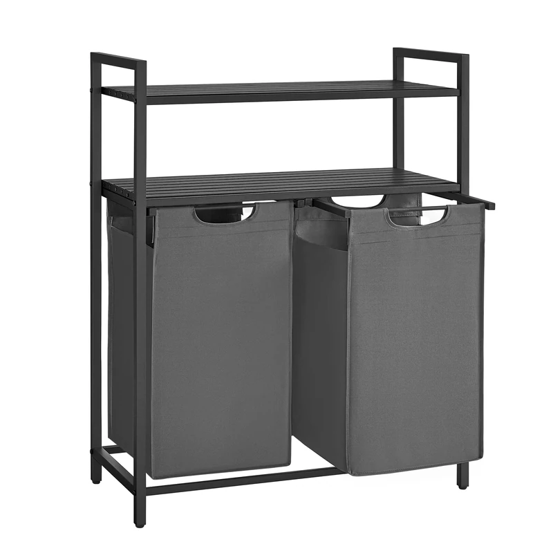 VASAGLE Laundry Basket, Dirty Laundry Bin, 2-Compartment Storage, 2 Removable Oxford Fabric Bags, 2 Shelves, Metal Frame, 46L for Each Bag, Black and Grey BLH211G01