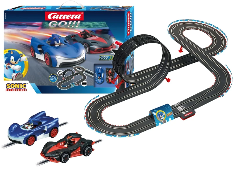 Carrera 20062566UK GO!!! Sonic The Hedgehog Slot Car Racing Track for Children from 6 Years and Adults, 4.9 m Race Track with Looping and Sonic and Shadow, 2 Hand Controls with Turbo Button