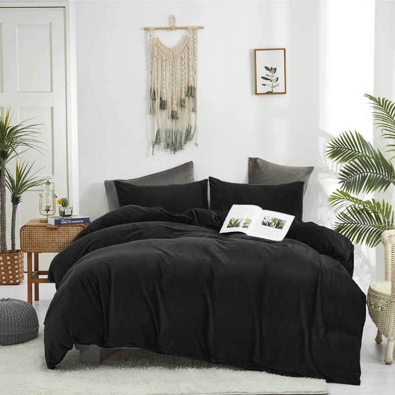 Houseri Velvet Black Comforter Set - Fluffy Comforters, Soft Warm Bedding Sets for Queen Size