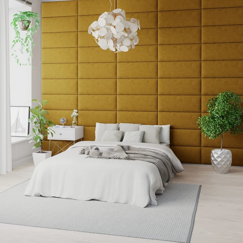 Aspire Beds EasyMount Velcro Wall Mounted Upholstered Panels Modular DIY Headboard Accent Wall Panels, Plush Velvet Fabric, Ochre, Pack of 4, 76cm Wide