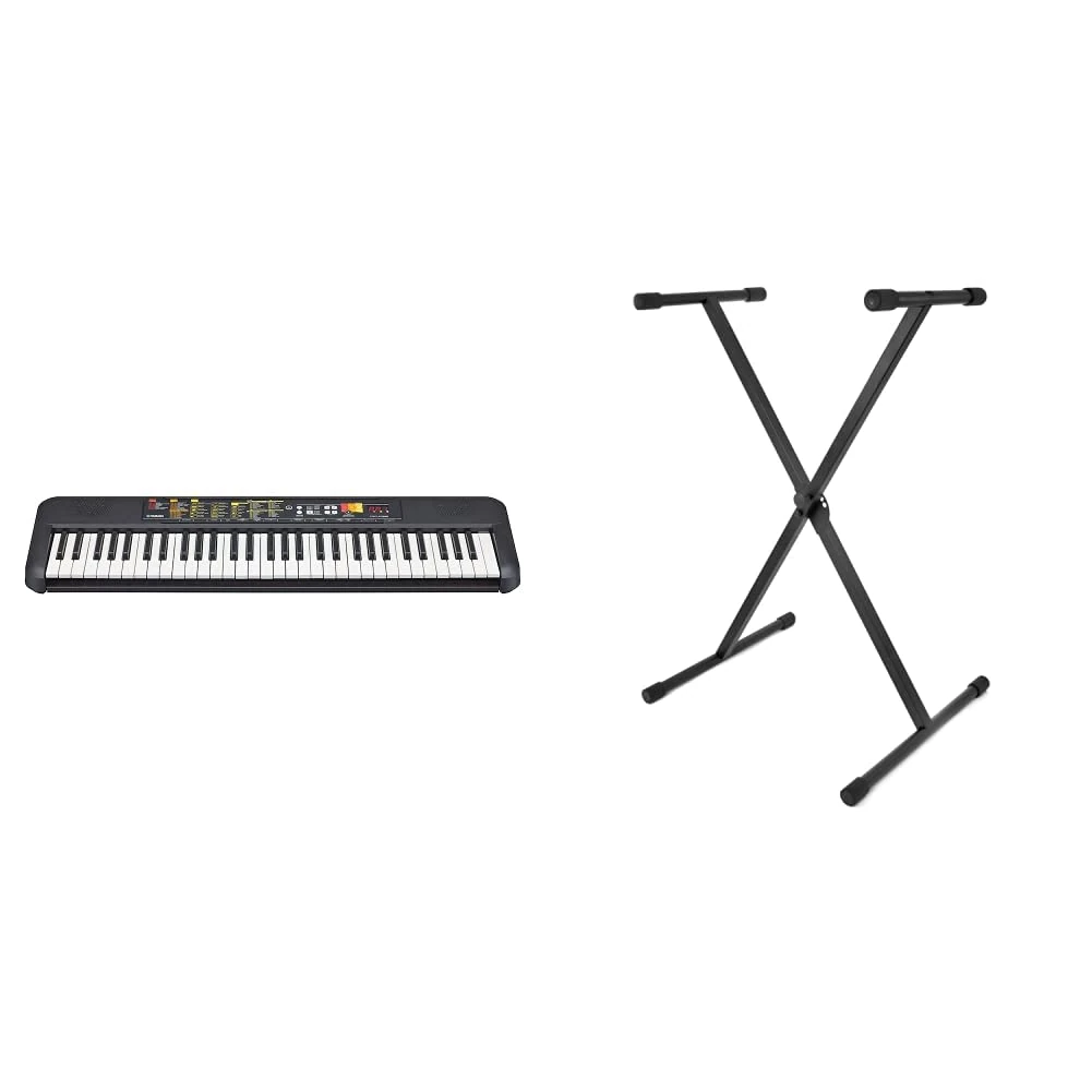 Yamaha PSR-F52 Digital Keyboard,Compact digital keyboard, black, 920 mm × 266 mm × 73 mm & TIGER KYS77-BK X-Frame Keyboard Stand- Black