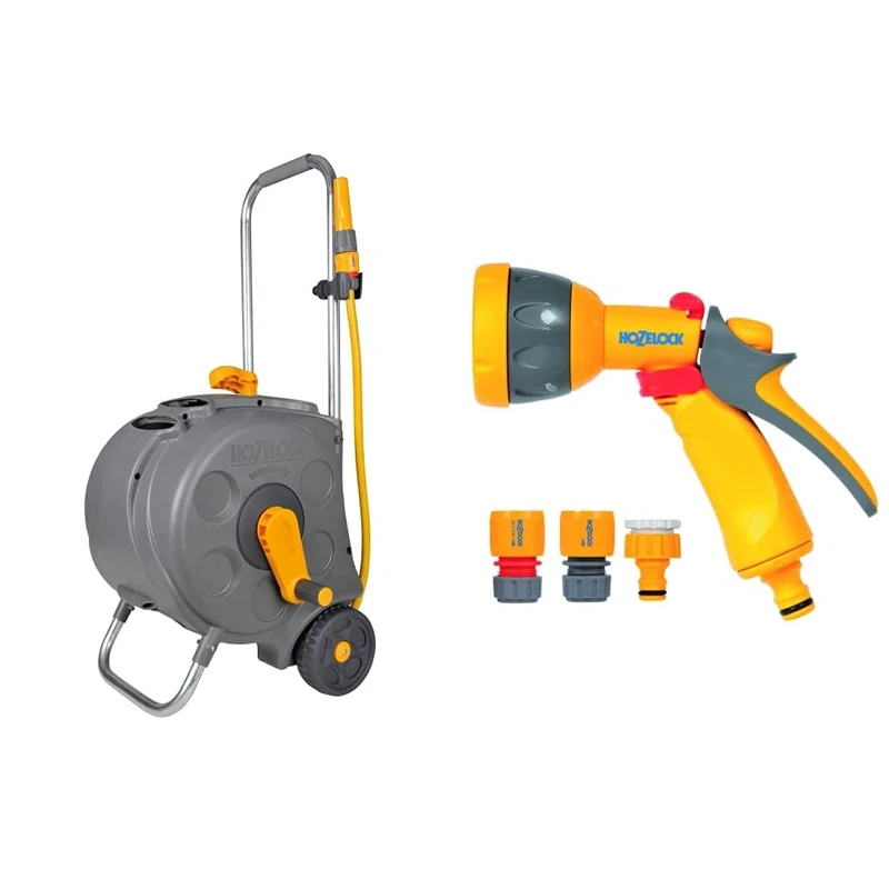Hozelock HZ2416R0000 Compact Cart with 30 m Hose & 2347 0000 Multi Spray Watering Gun Starter Set, Multicolour, 205.0 mm x 230.0 mm x 260.0 mm