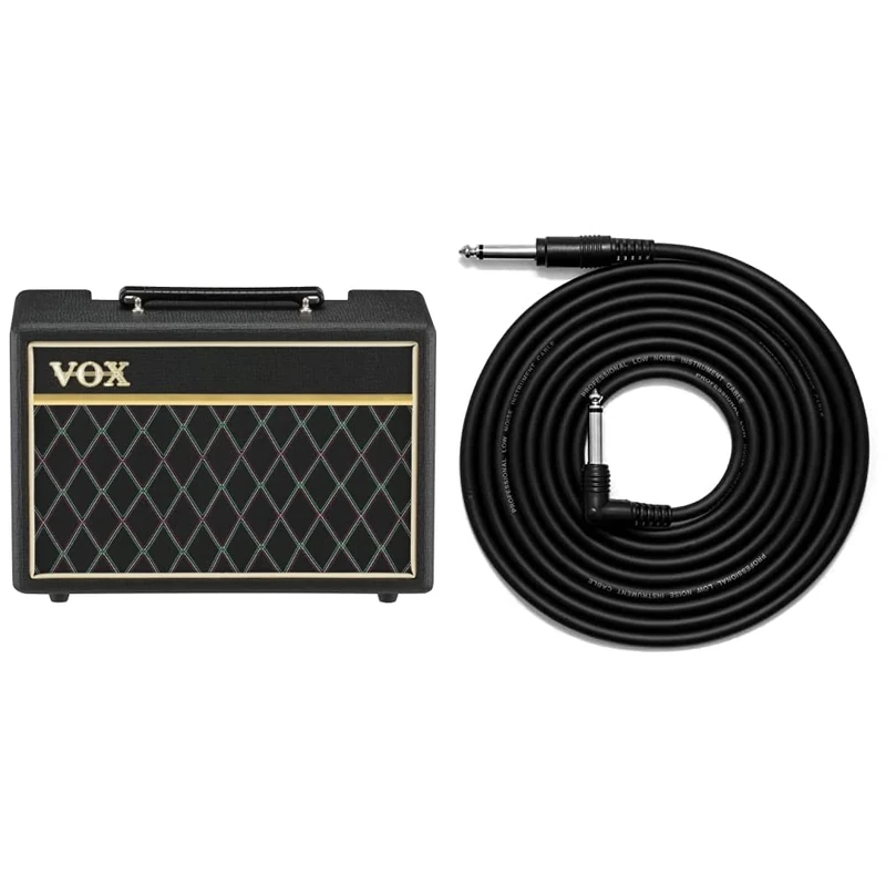Vox - PB10 Pathfinder 10B - 10W Bass Guitar Practice Amplifier Combo - Black & Guitar Cable - Bass Keyboard E-Drums Instrument Lead - Straight/Angled - 6.35mm 1/4" Jacks - 3m Cable - TIGER GAC42