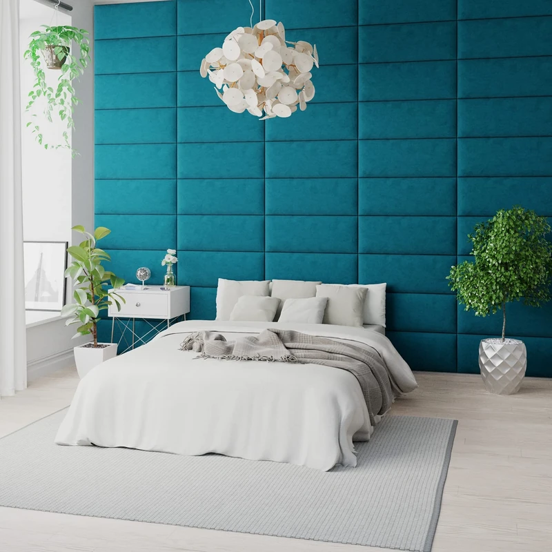 Aspire EasyMount Velcro Wall Mounted Upholstered Panels Modular DIY Headboard Accent Wall Panels, Plush Velvet Fabric - Teal, Pack Of 4 Wall Panels