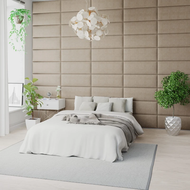 Aspire EasyMount Velcro Mounted Upholstered Panels Modular DIY Headboard Accent Wall Panels, Malham Weave Fabric - Mink, Pack Of 4