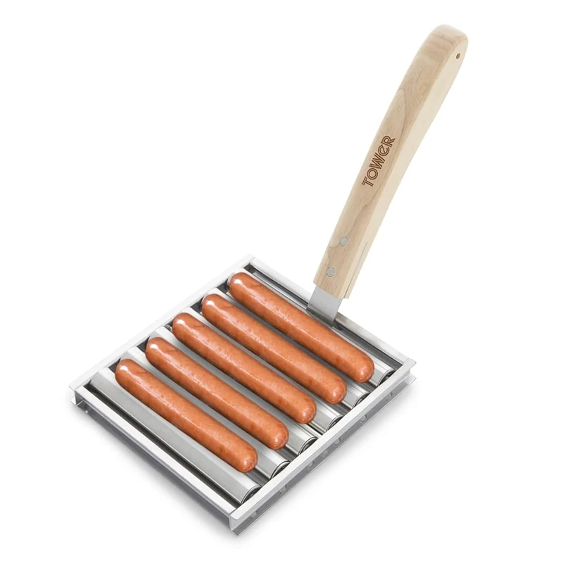 Tower BBQ Hot Dog Roller with Wooden Stay Cool Handle, Robust Construction, Stainless Steel