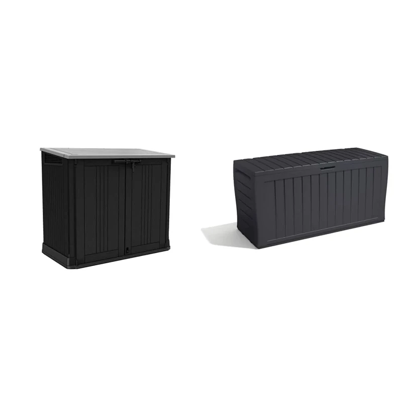 Keter Store it Out Nova Outdoor Garden Storage Shed, 132 x 71.5 x 113.5 cm, Dark Grey with Light Grey Lid & Marvel+ 270L Outdoor Garden Storage Box Garden Furniture - Graphite Grey