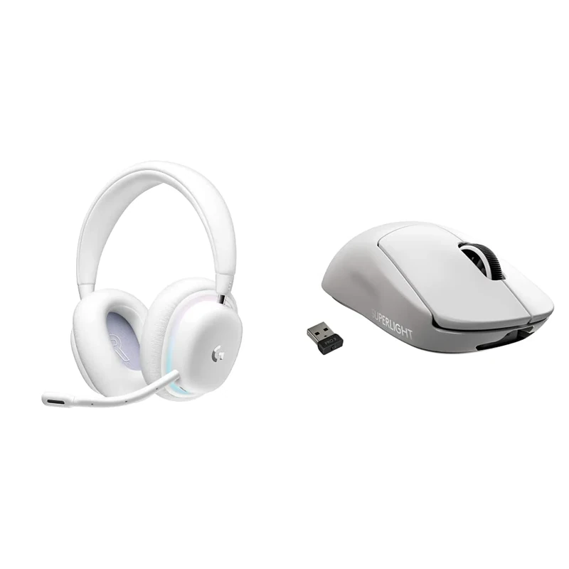 Logitech G G735 Wireless Gaming Headset, Customisable LIGHTSYNC RGB Lighting, LIGHTSPEED, Bluetooth, 3.5 MM Aux Compatible- White Mist & PRO X SUPERLIGHT Wireless Gaming Mouse - White