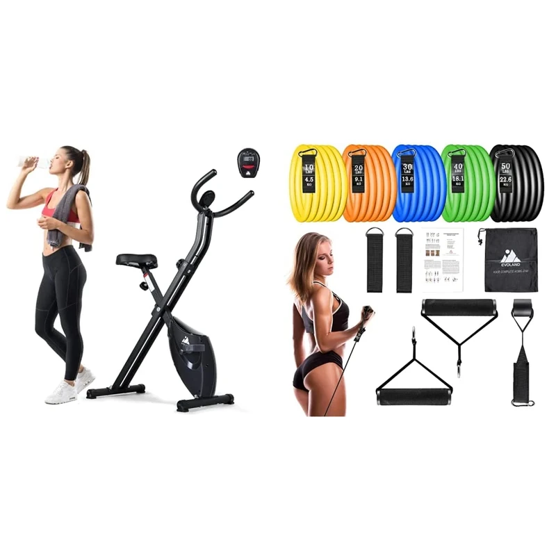 EVOLAND Exercise Bike, Fitness Bike with LCD Display and 8-Level Adjustable Magnetic Resistance, 265LBS Max Load for Home Trainer Use & Resistance Bands Set