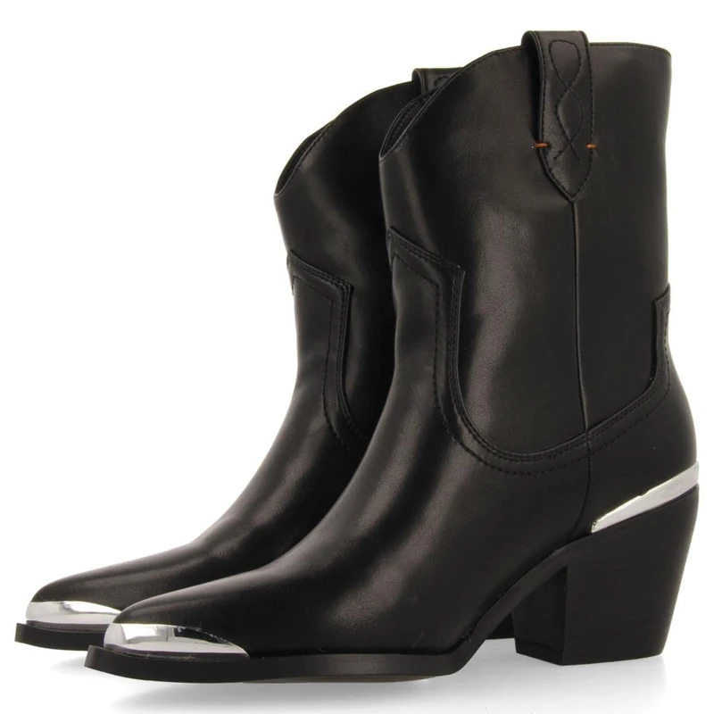 GIOSEPPO Roslyn Women's Black Cowboy Style Ankle Boot with Metal Detail in Toe and Heel, Black/White, 4 UK