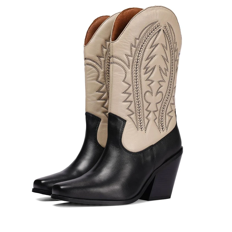 GIOSEPPO Herlev women's black leather cowboy boot with embroidery detail, ivory white, 4 UK - Image 1