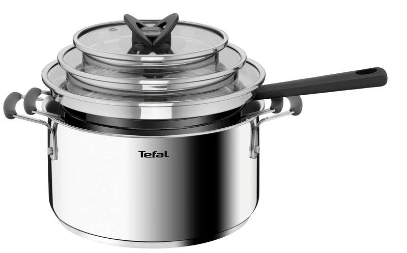 Tefal G7376S Opti'Space 6-Piece Saucepan Set | Saucepan 16 cm (Including Lid) | Cooking Pots 20/24 cm (Including Lid) | Stainless Steel | Thermal Fusion Base | for All Hobs | Induction | Grey