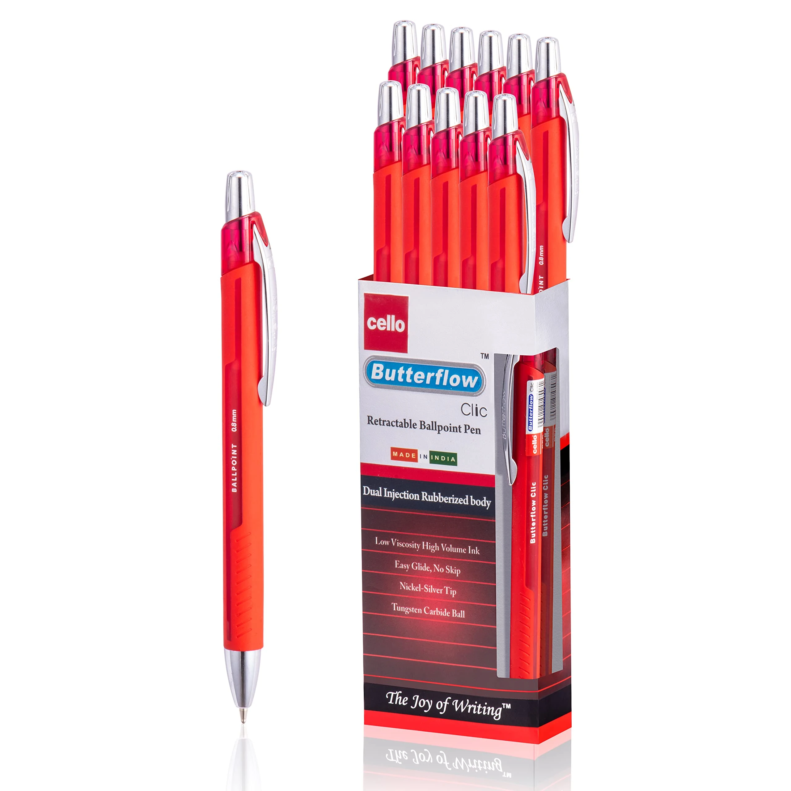 Cello Smooth Grip Butterflow Retractable Ballpoint Pen| Fine Tip| Ergonomic Handle - (0.8 mm)| Red Pen (24 Pcs)