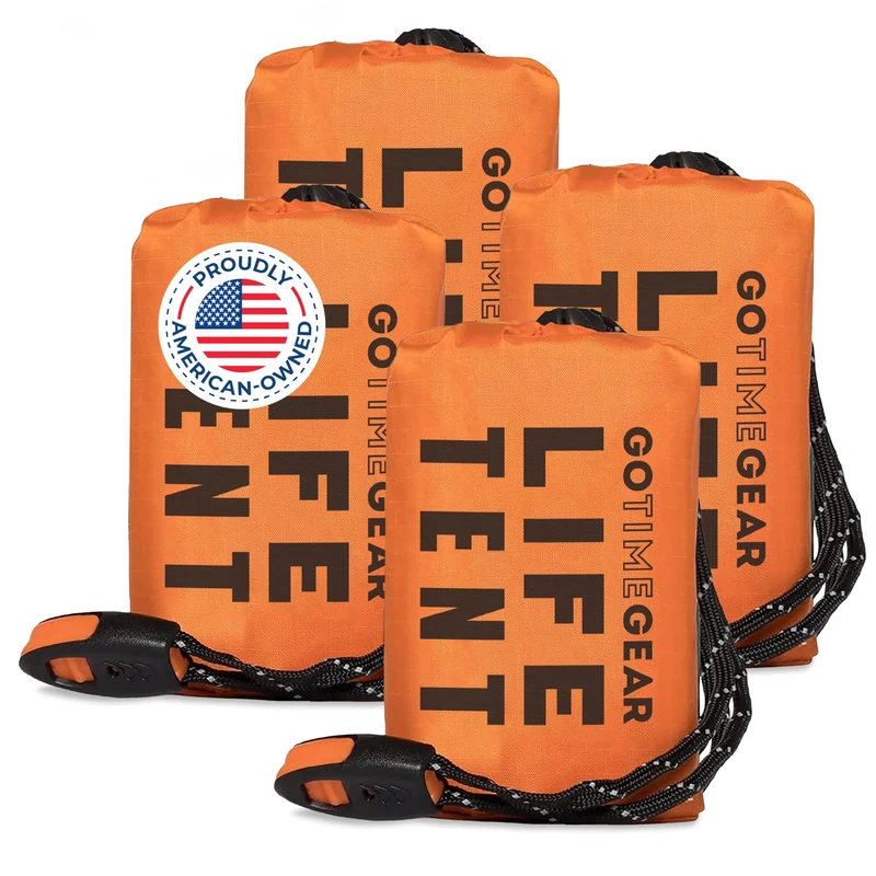 Go Time Gear Survival Life Tent • 2 Person Mylar Emergency Shelter Tube Tent + Paracord • All-Weather Protection for Camping, Hiking, & Survival Kits • Includes Emergency Whistle • 4PK Orange
