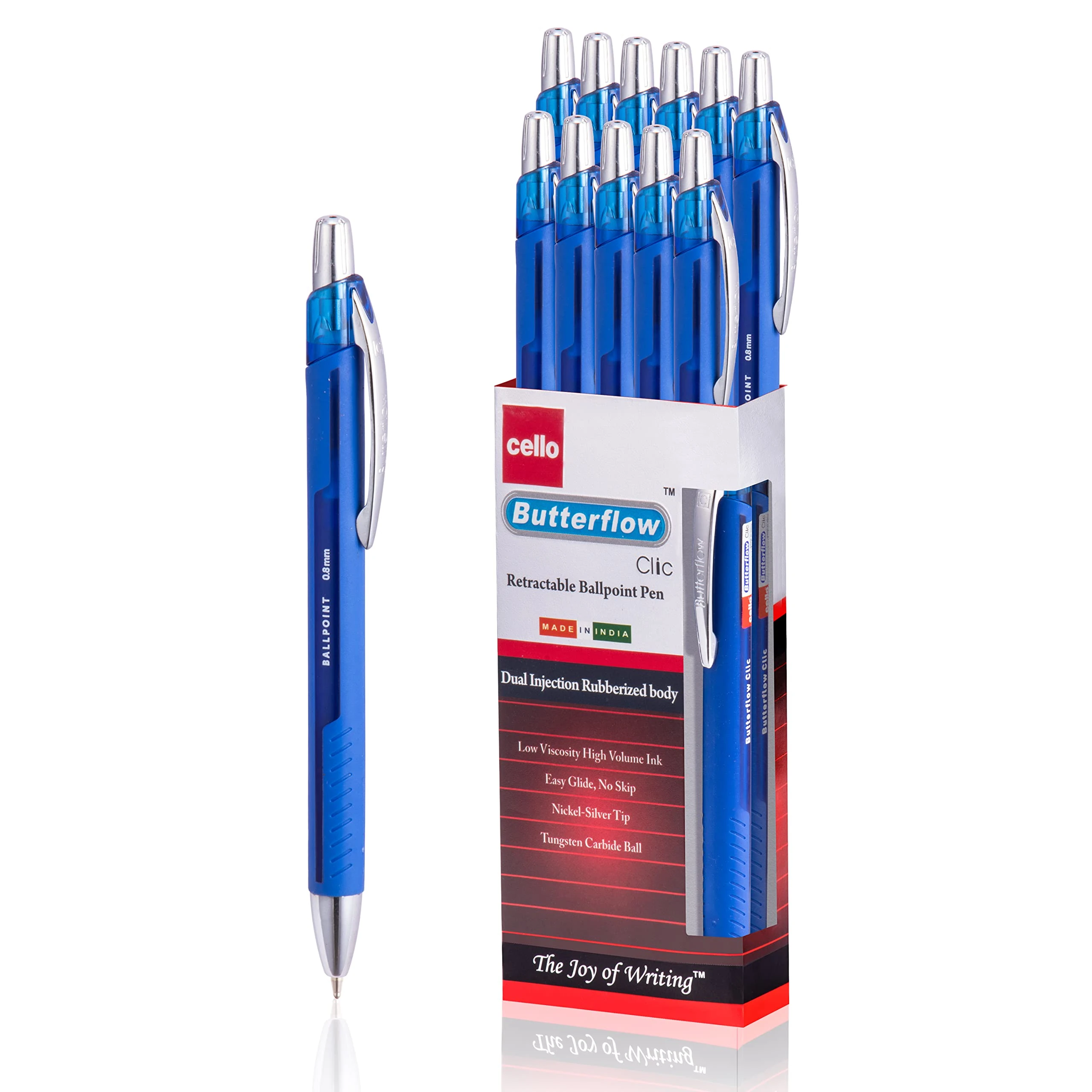 Cello Blue Retractable Ballpoint Pen | MediumTip | Ergonomic Handle - (0.8 mm)| Blue Pen 24 Pcs