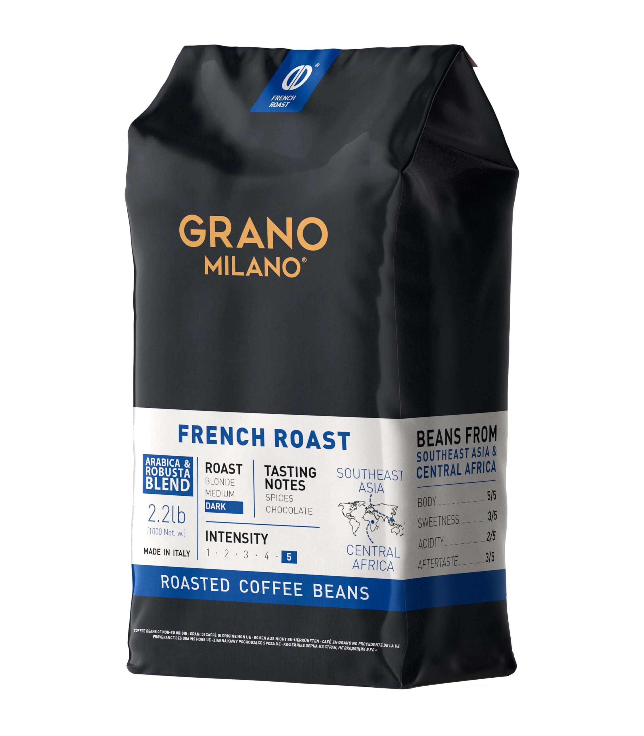 Grano Milano French Roast Robusta Extra Strong Coffee Beans 1kg – Intensity 5/5, Dark Roast, Beans from Southeast Asia & Central Africa, Spice & Chocolate Tasting Notes, Made in Italy