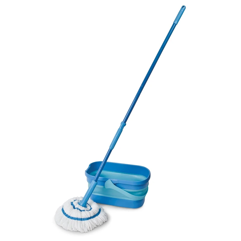 Spontex Ultra Compact Twist Mop and Bucket Set | Microfibre Mop with Built-In Self-Wringing System | 10L Foldable Bucket | Cleans Laminate, Wood & Tile Flooring | Washable Mop Head