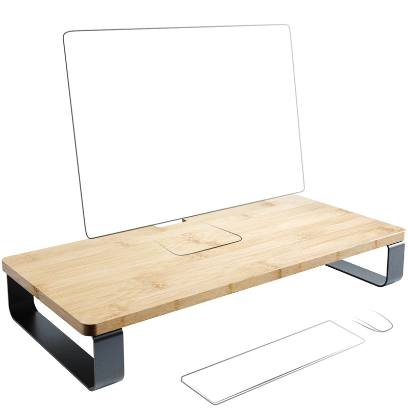 KD Essentials 5x Heavy duty monitor stand easy assembly made from bamboo (XL desktop organiser, PC/laptop/screen riser, improved ergonomic comfort – 60×28×9.8cm) - Image 1