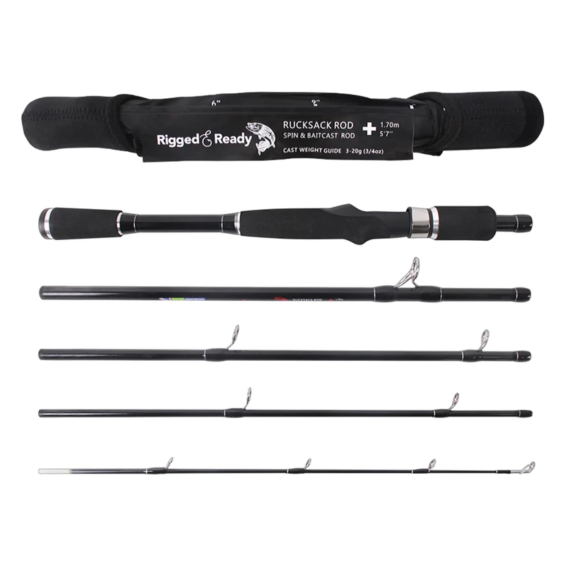 Rigged and Ready – Rucksack Spin & Baitcasting Rod. Super-Compact 5’ 7” 170cm 5 Sections + neoprene case. 1 rod + Micro-trigger = Spin or Casting