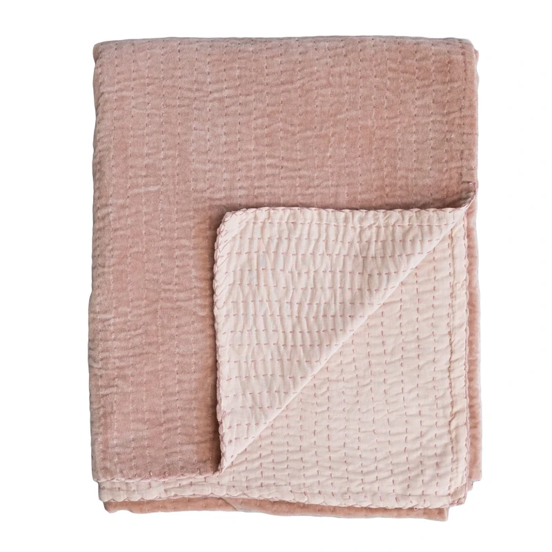 Creative Co-op Cotton Velvet Kantha Stitch, Peach Throw Blanket, Pink
