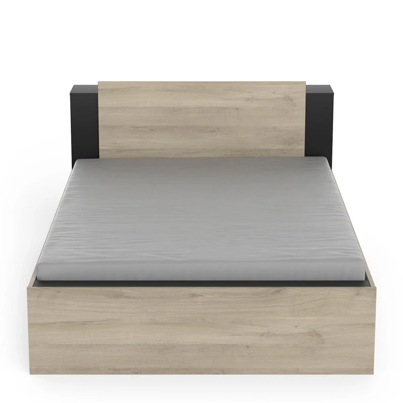 Demeyere Lit 140 x 190/200 Avec Rangement Industriel 2 Tiroirs 2 Niches – Coloris Noir Mat & Chêne Clair - 144,7 x 227 x 87,7 cm
