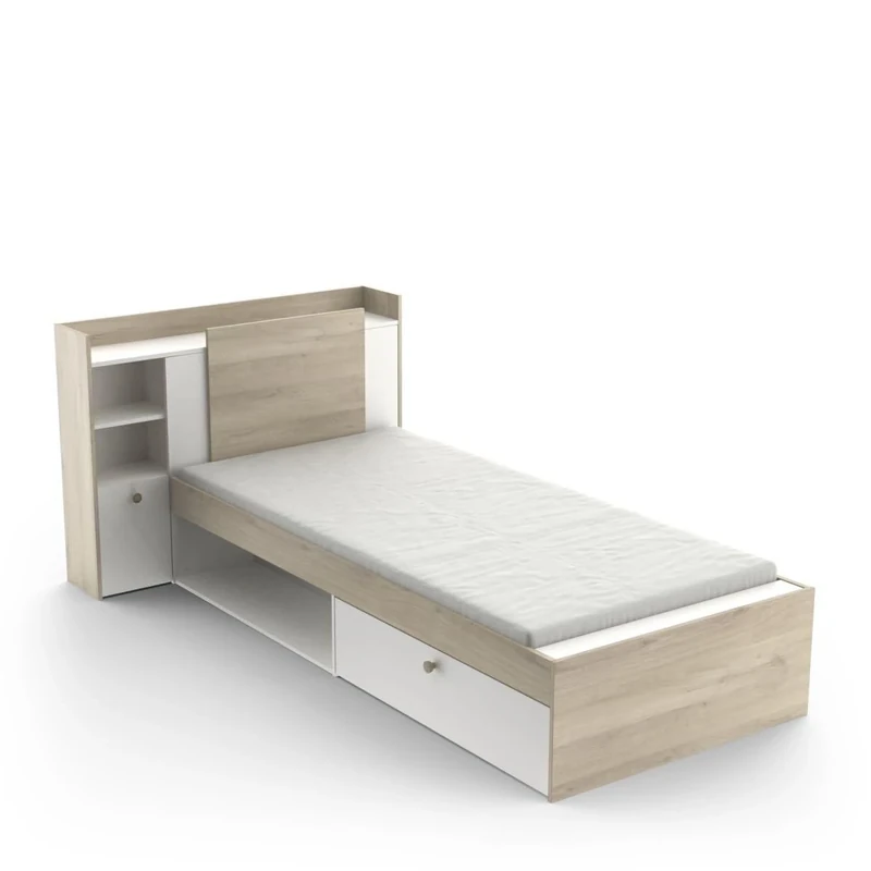 Demeyere Lit Modulable 90 x 190/200 Avec Rangement 1 Porte 3 Niches 1 tiroir – Blanc Mat & Chêne Clair -124,5 x 226,9 x 90,5 cm