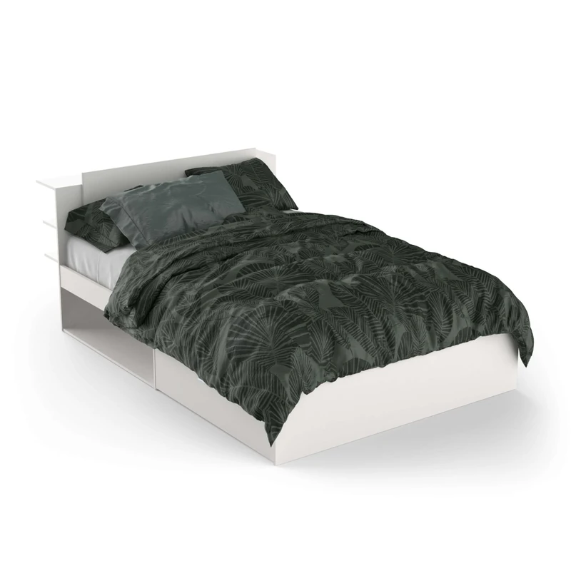 Demeyere Lit 140 x 190/200 Avec Rangement Industriel 2 Tiroirs 2 Niches – Coloris Noir Mat & Chêne Clair - 144,7 x 227 x 87,7 cm